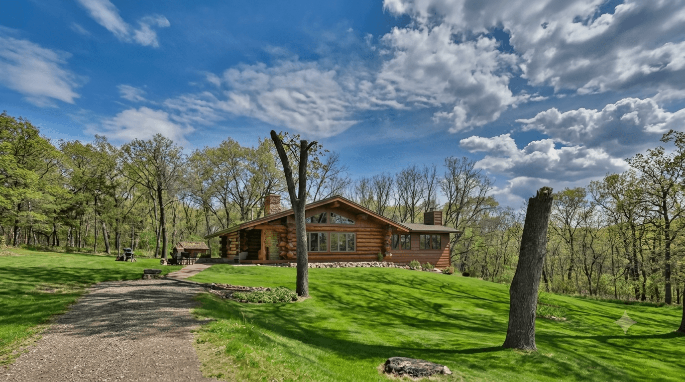 Rural home surrounded by trees and open land